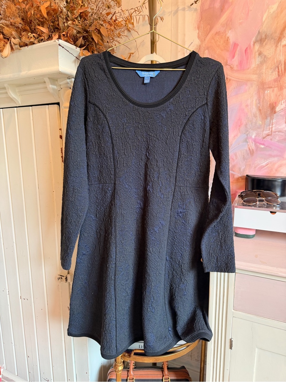 Simply Vera Vera Wang Black Textured Long-Sleeve A-Line Dress